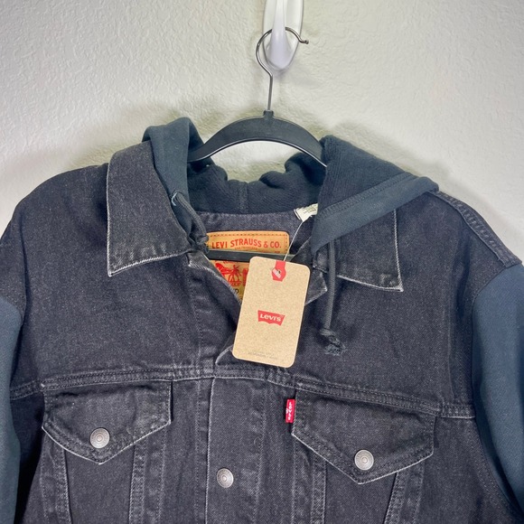 Levi's Hooded Denim Trucker Jacket‎ Relaxed Fit Black Jean Jacket XL - Picture 1 of 5